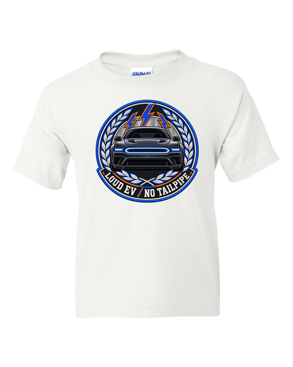 Embroidery-style varsity crest for the 2024 Dodge Charger Daytona EV with loud EV no tailpipe text white kids tee front view with the design