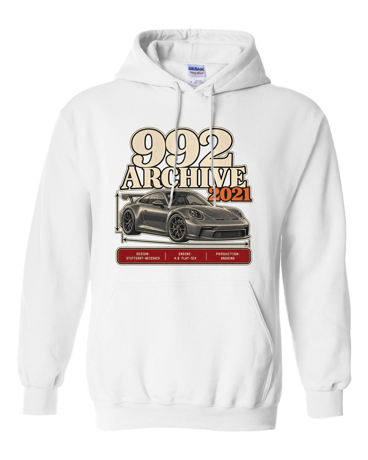 Porsche 992 GT3 archive panel print design white pull over hoodie front view with the design