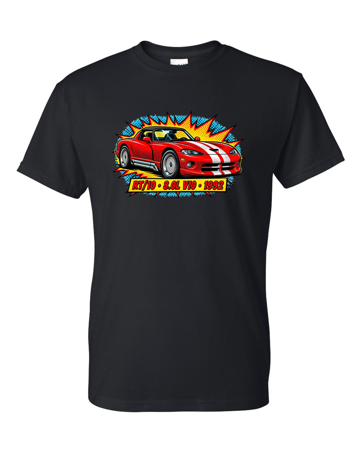 Comic halftone pop-art print of a 1992 Dodge Viper RT/10 with 8.0L V10 text black t-shirt front view with the design