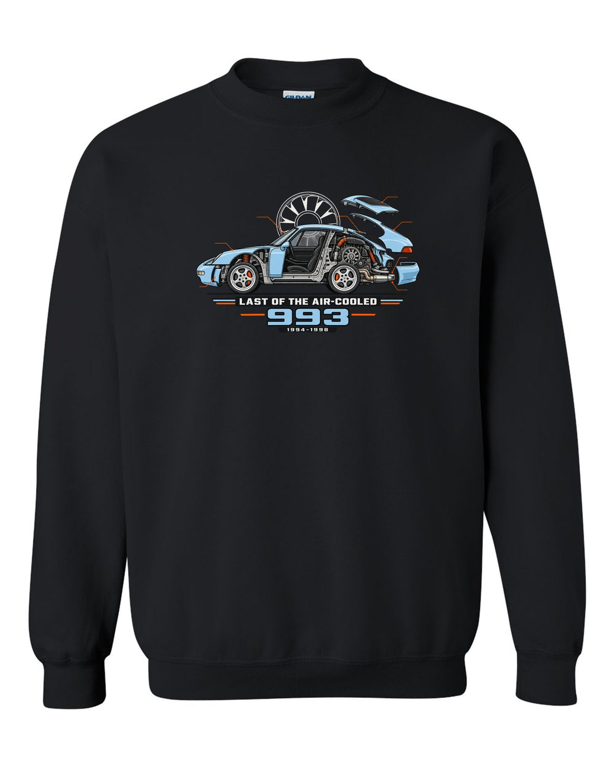 Architectural cutaway drawing of a Porsche 911 993 on a shirt back black crewneck front view with the design