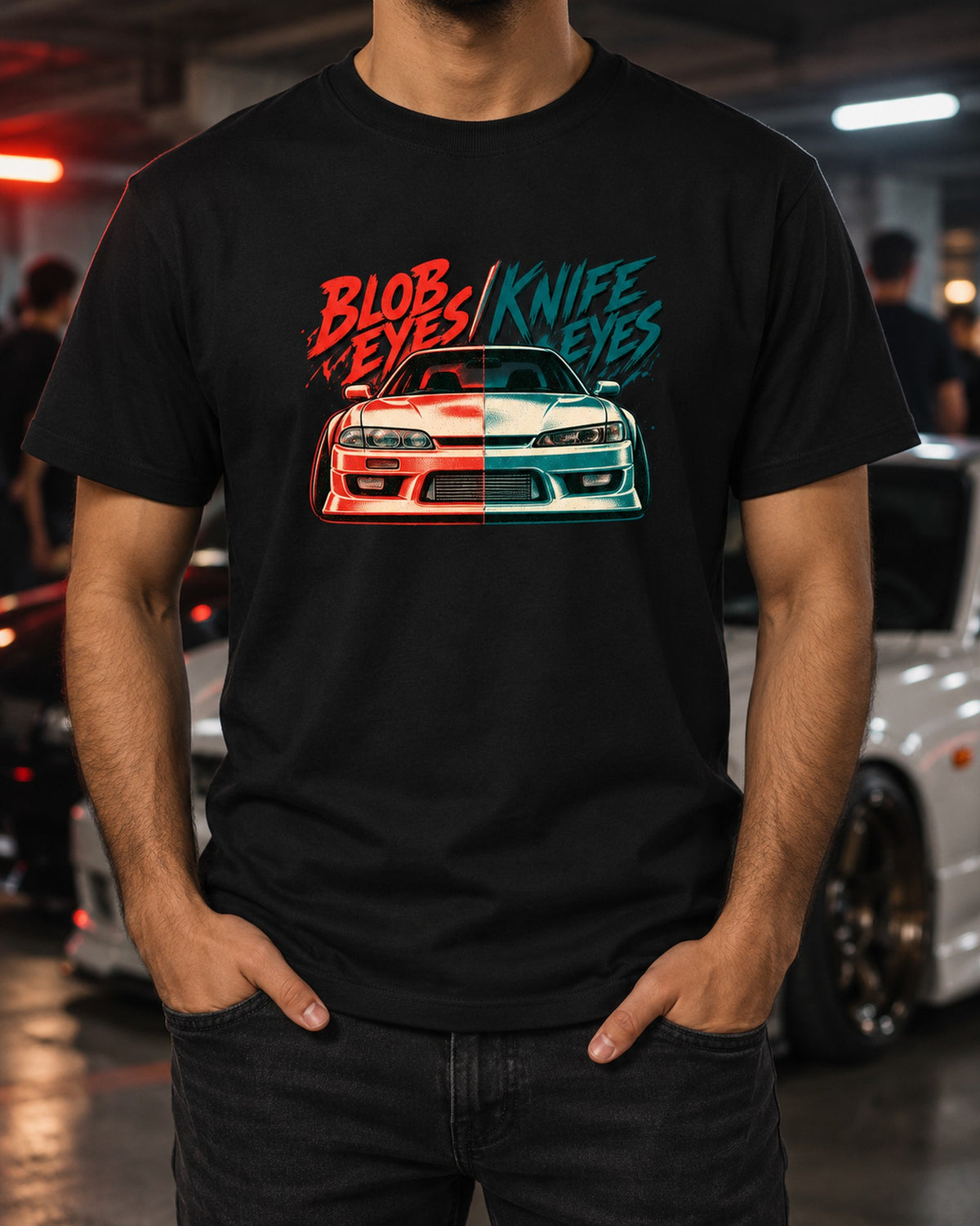 Nissan Silvia S14 Zenki vs Kouki Risograph Shirt T-Shirt Black worn hero