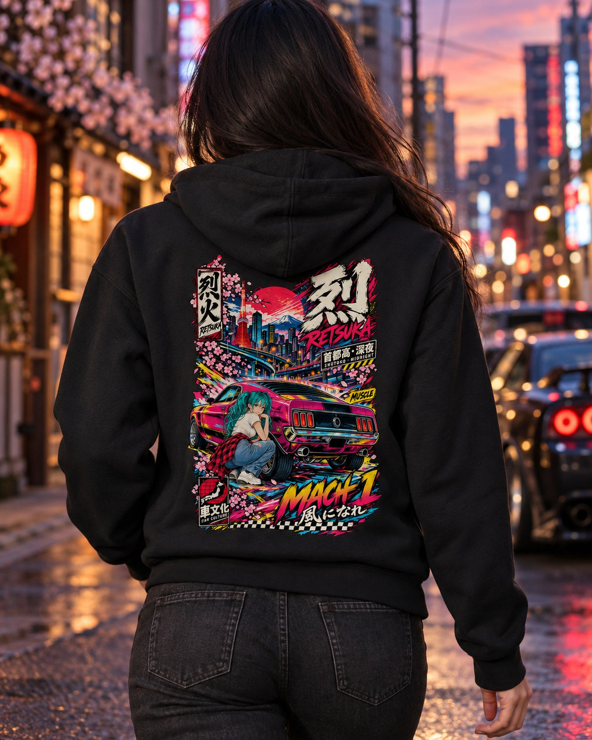 RETSUKA MACH 1 Anime Girl Full-Back Graphic Tee Zip Hoodie Black worn hero