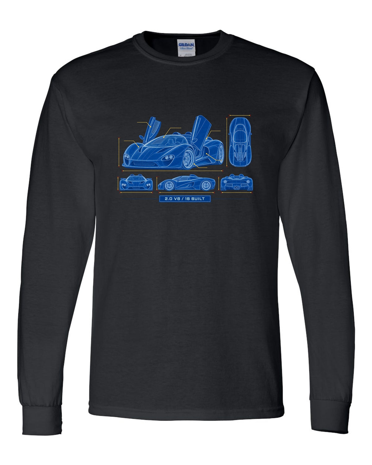 Cyanotype negative blueprint of an Alfa Romeo 33 Stradale with 2.0 V8 and 18 built black long sleeve front view with the design