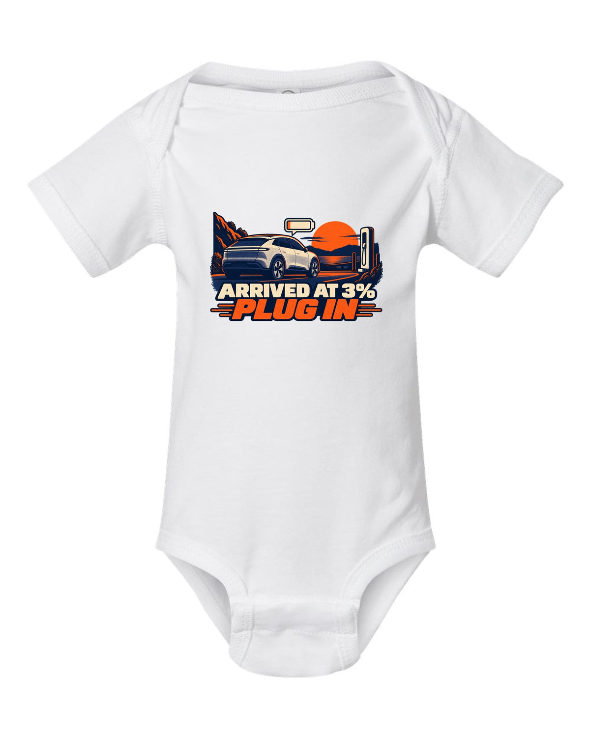 Risograph duotone print of a Tesla Model Y Juniper reading Arrived at 3% Plug In white baby onesie front view with the design