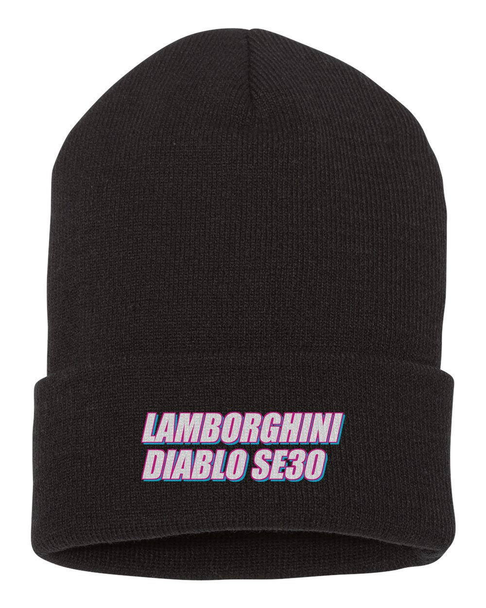 Lamborghini Diablo Se30 black beanie front view with car name