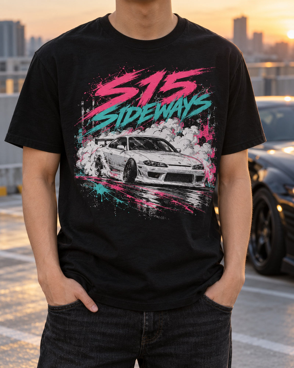 Nissan Silvia S15 Sideways Stencil Street Art Shirt T-Shirt Black worn hero
