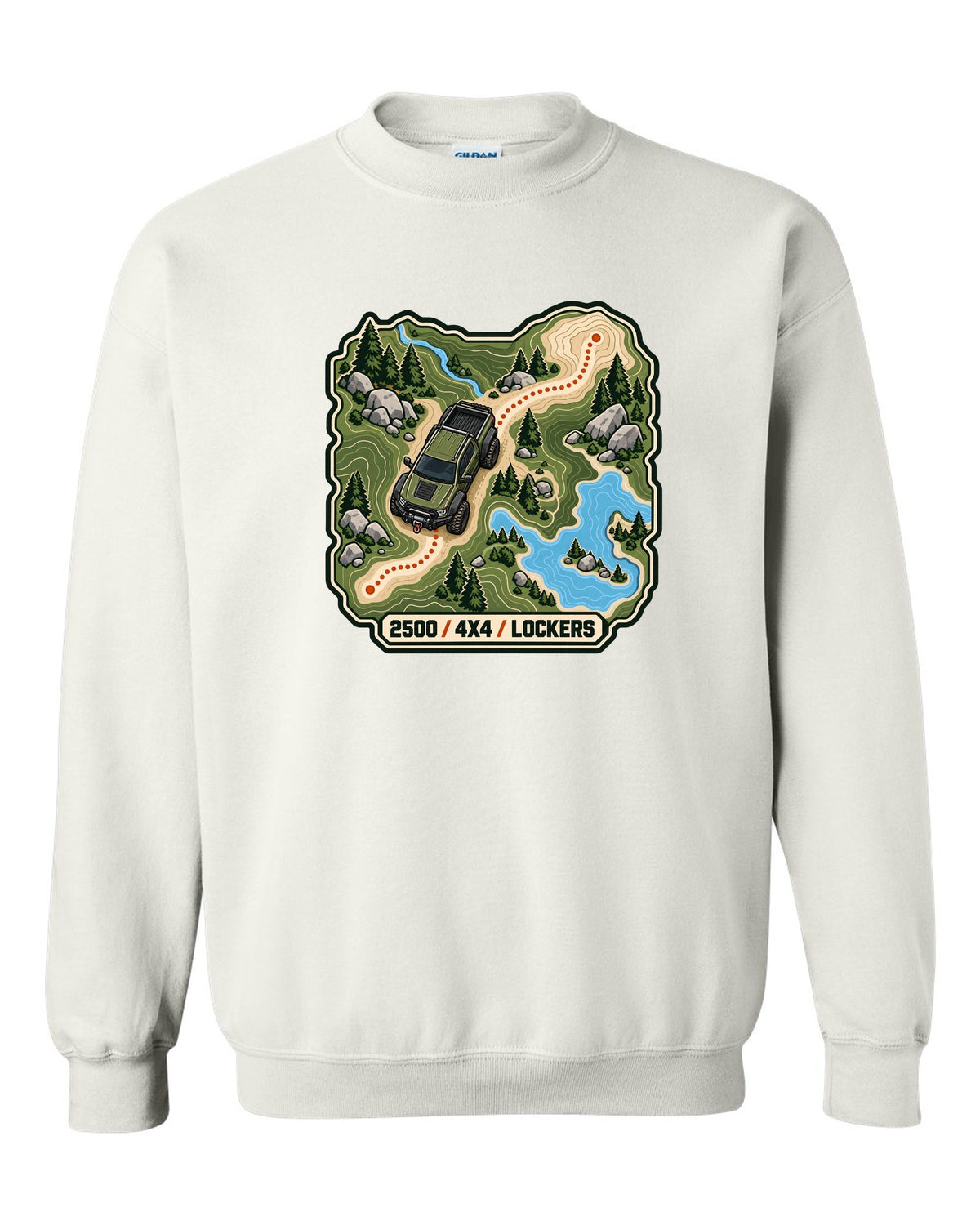 Topographic route map line art print of a Ram Power Wagon 2500 with 4x4 lockers text white crewneck front view with the design