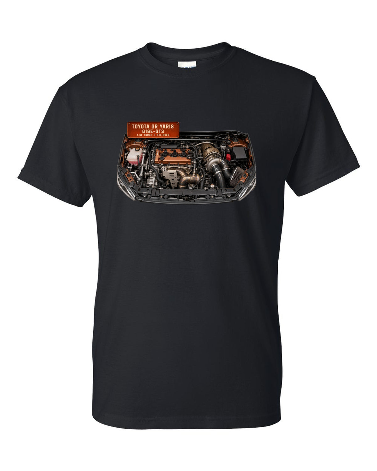 Toyota GR Yaris G16E-GTS three-cylinder turbo engine bay illustration black t-shirt front view with the design