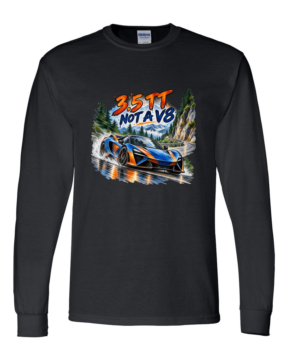 Ford GT 2017-2022 on a hairpin in a watercolour wash print black long sleeve front view with the design