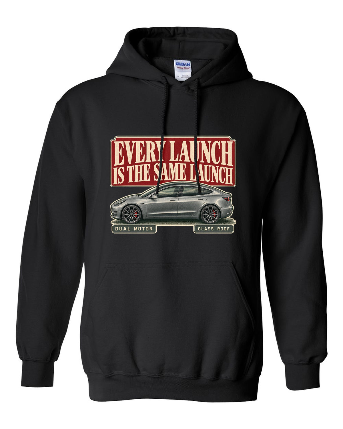 Tesla Model 3 Performance Editorial Headline Tee, 2018-2023 black pull over hoodie front view with the design