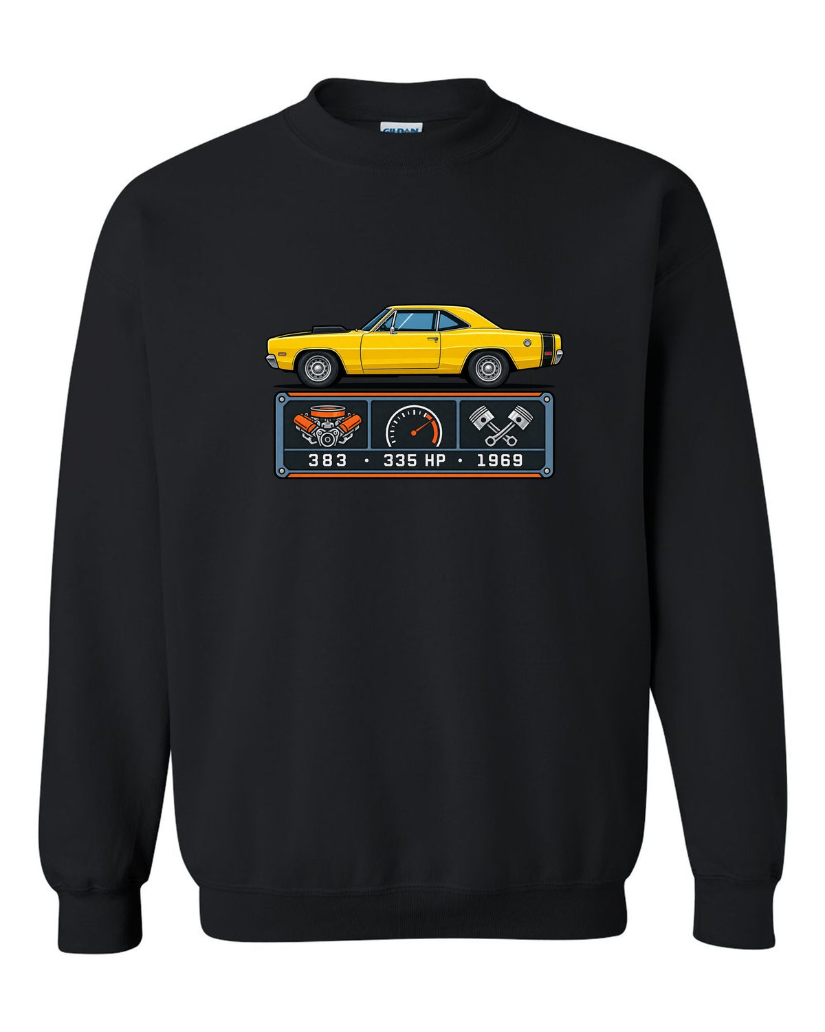 Spec-sheet data plate design for a 1969 Dodge Coronet Super Bee with 383 and 335 HP black crewneck front view with the design