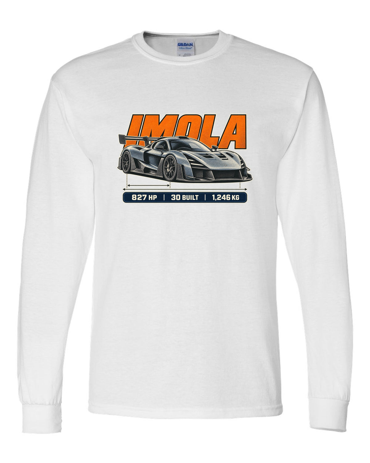 Halftone print of the Pagani Huayra Imola with the text Imola, 827 hp, 30 built, 1,246 kg white long sleeve front view with the design