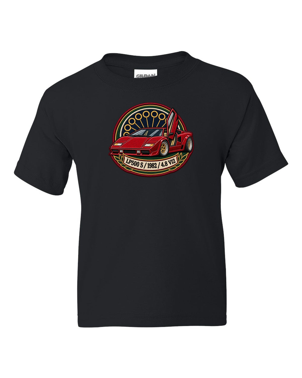 Varsity embroidery crest for a 1982 Lamborghini Countach LP500 S with 4.8 V12 lettering black kids tee front view with the design