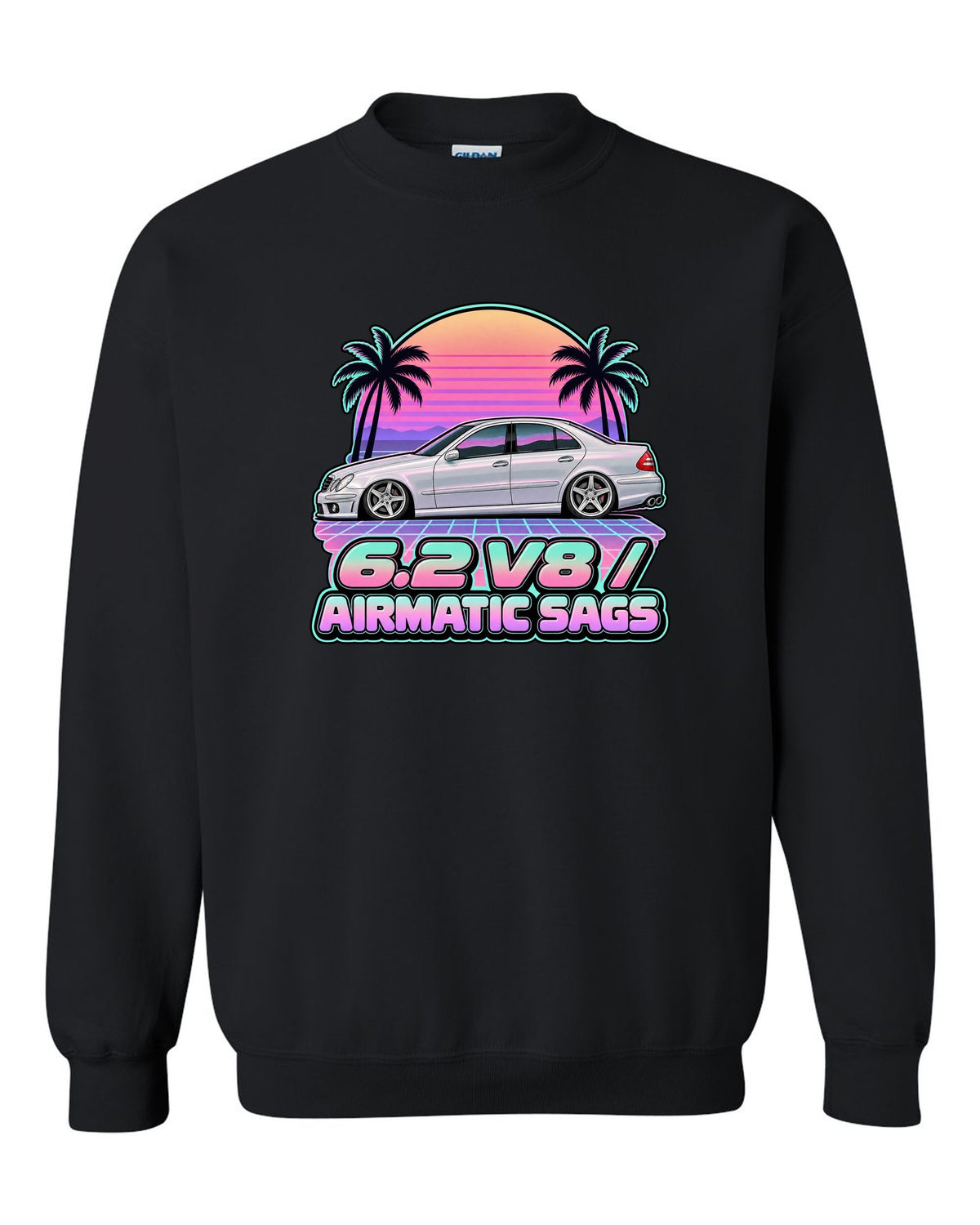 Vaporwave pastel print of a Mercedes E63 AMG W211 with Airmatic text black crewneck front view with the design
