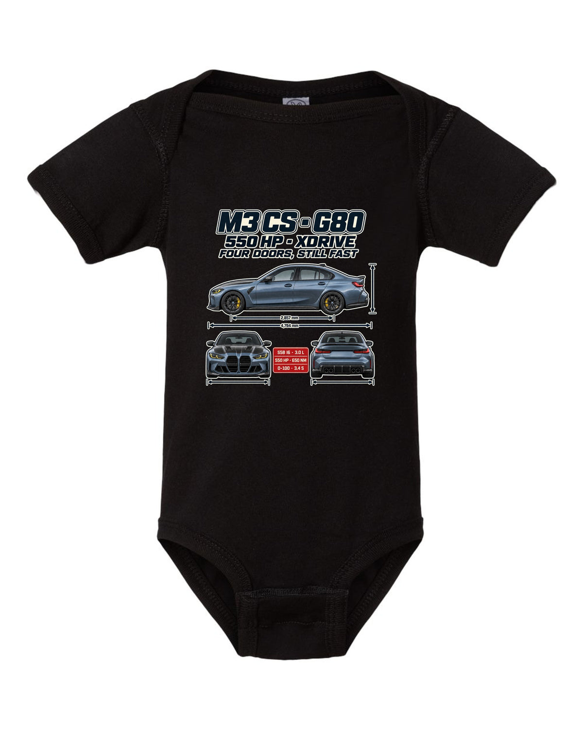 BMW M3 CS G80 2023 spec poster print black baby onesie front view with the design