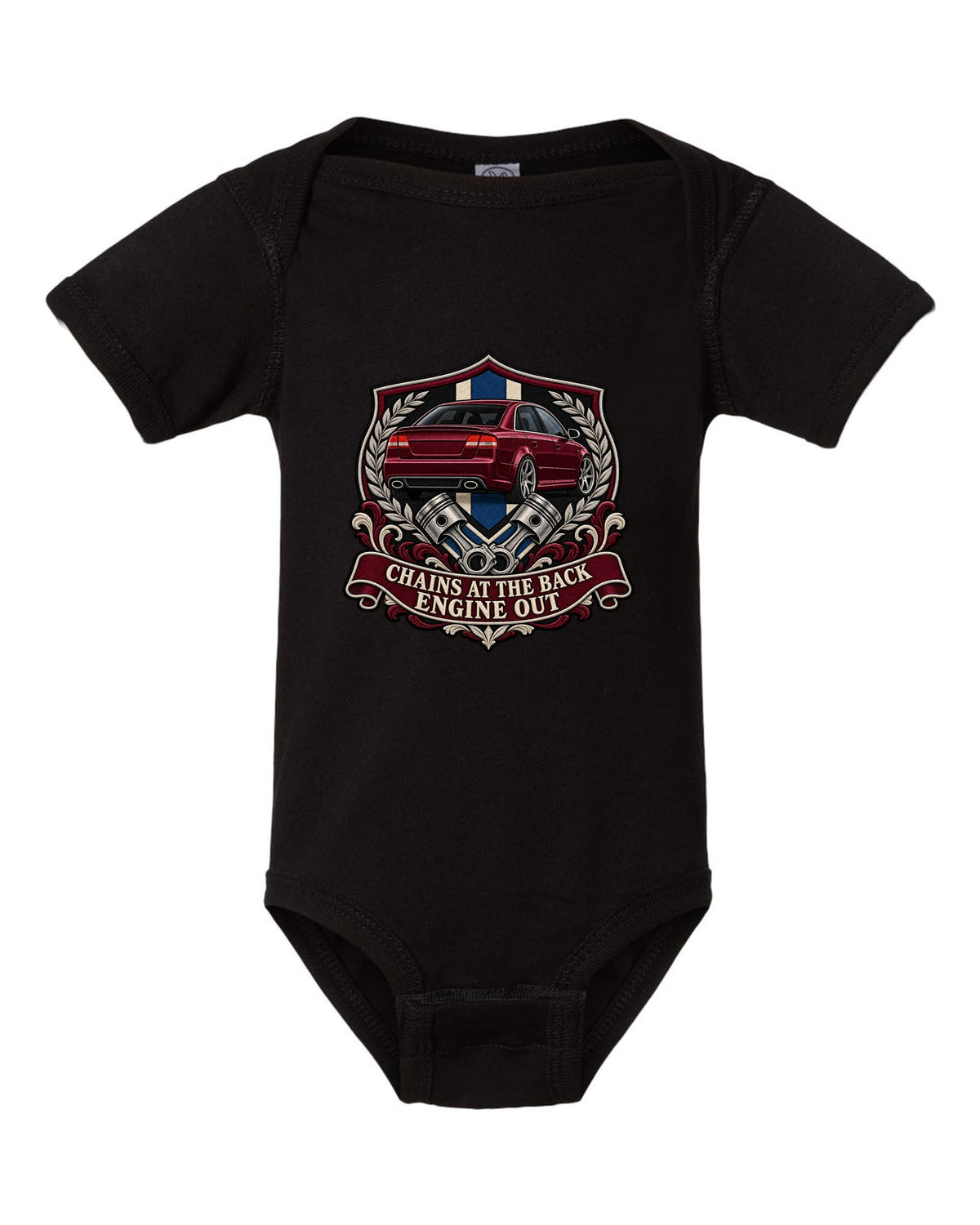 Varsity seal print of an Audi S4 B7 sedan with Engine Out text black baby onesie front view with the design