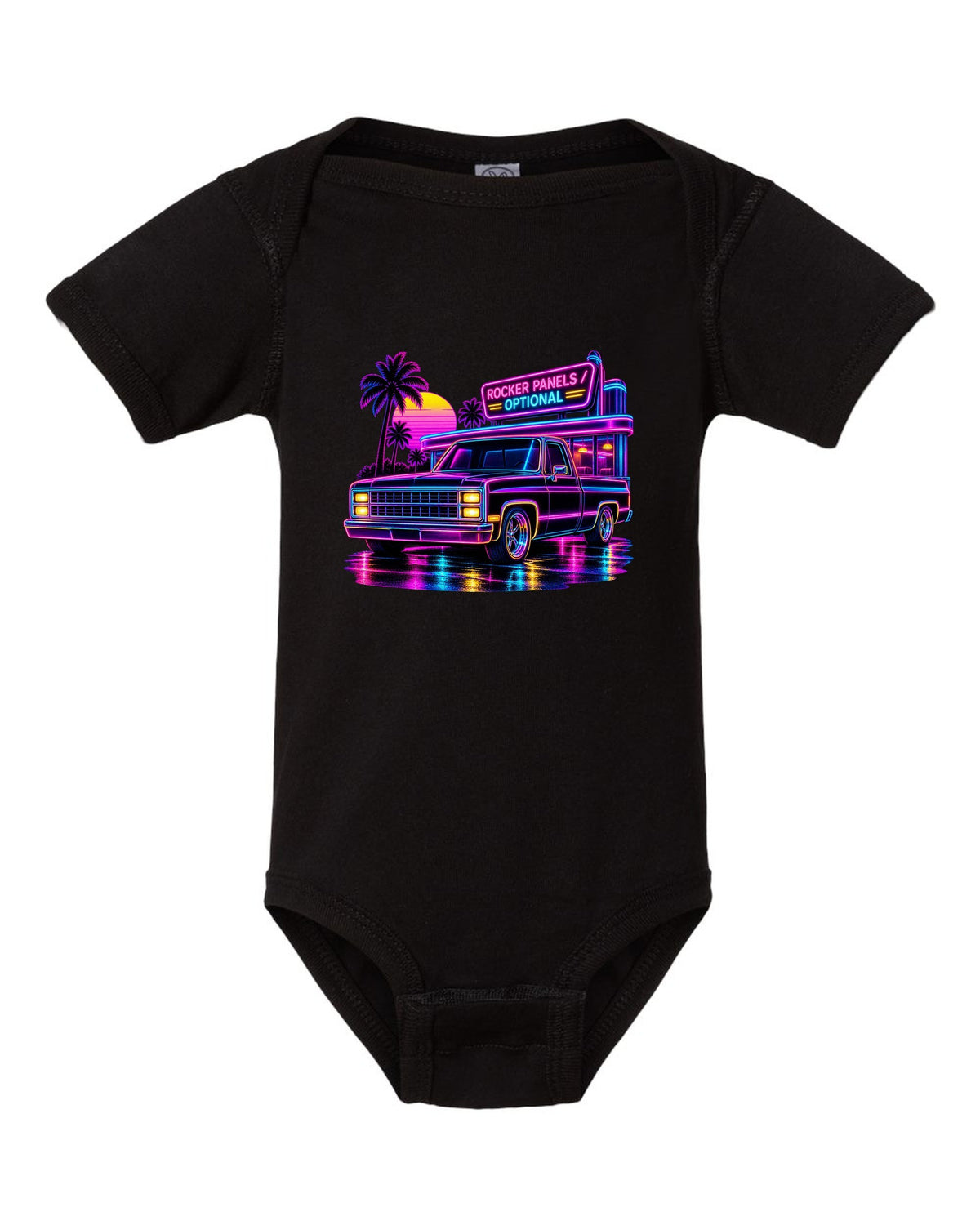 Neon synthwave line art print of a 1973-87 Chevrolet C10 Squarebody at a diner with rocker panels optional lettering black baby onesie front view with the design