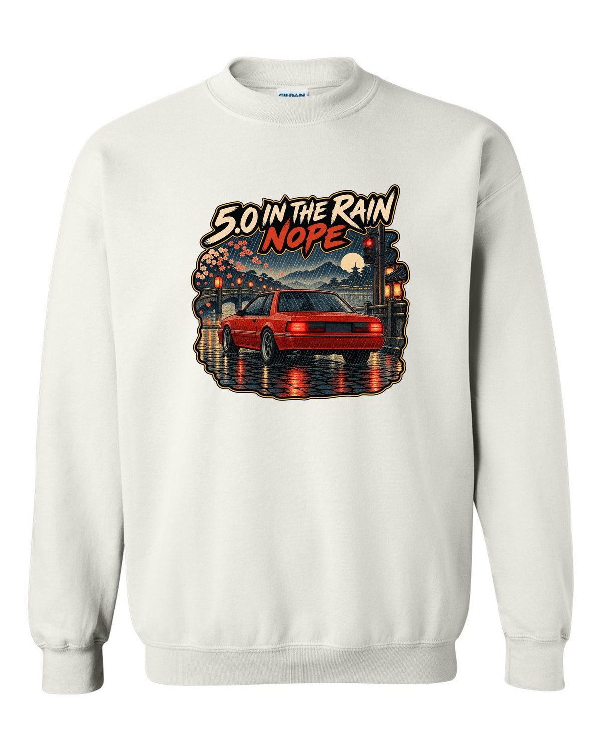 Woodblock style 1990 Ford Mustang Fox Body notchback in rain with 5.0 caption white crewneck front view with the design