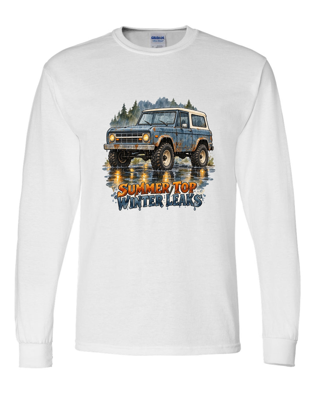 Watercolour wash print of a 1969 first-generation Chevrolet K5 Blazer with summer top winter leaks text white long sleeve front view with the design
