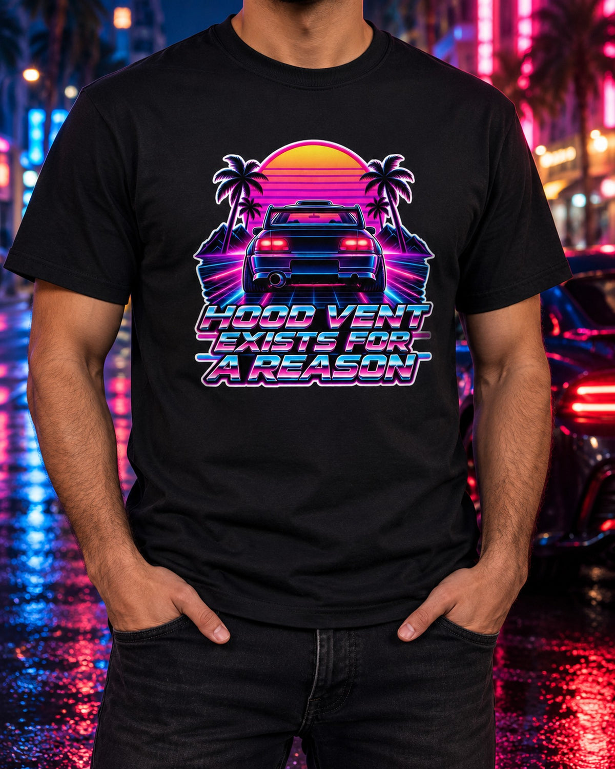 Toyota Celica GT-Four ST205 Synthwave Night Tee, Wing Edition T-Shirt Black worn hero