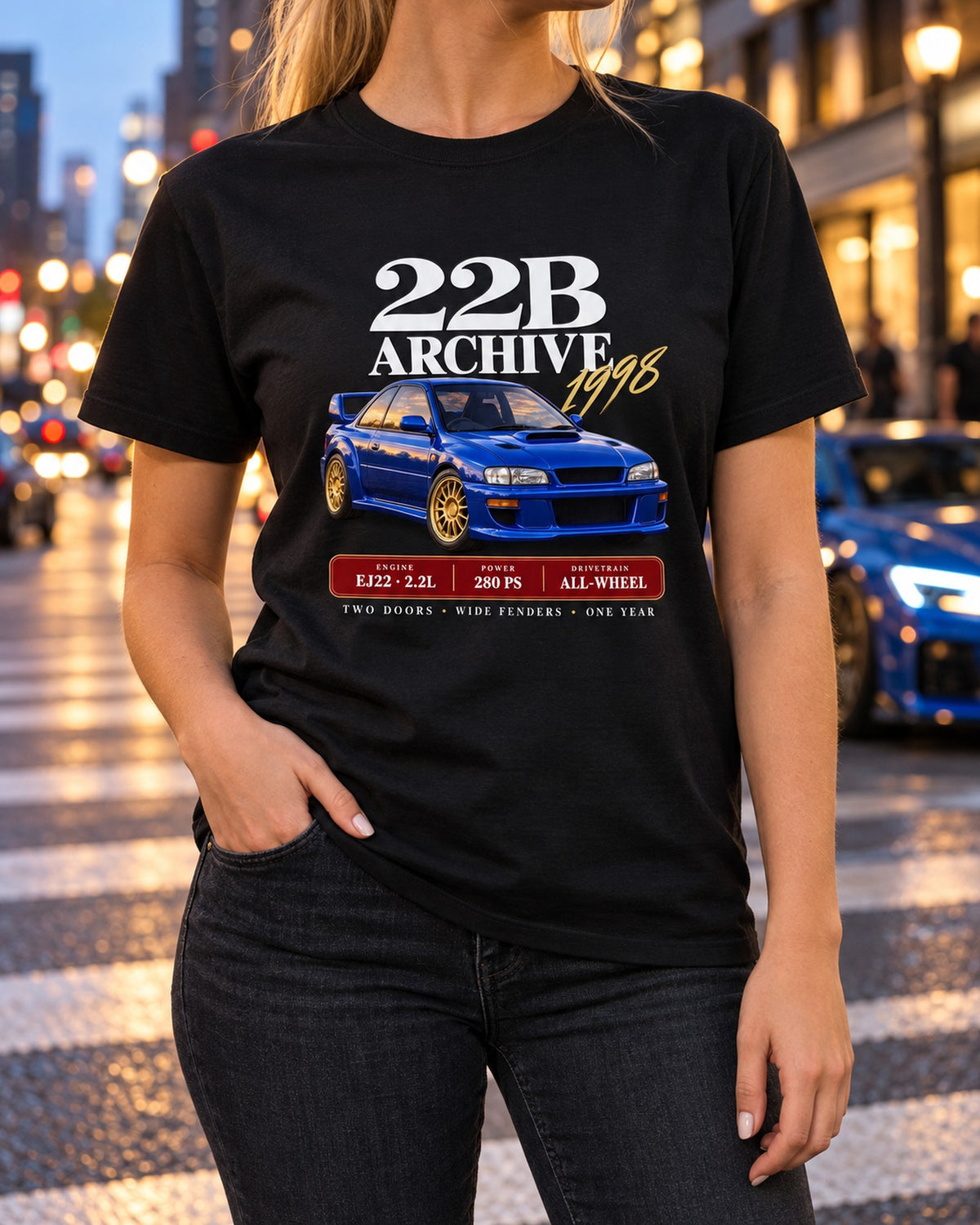 Subaru Impreza 22B STI Archive 1998 Tee, EJ22 280 PS Wide Fenders T-Shirt Black worn hero