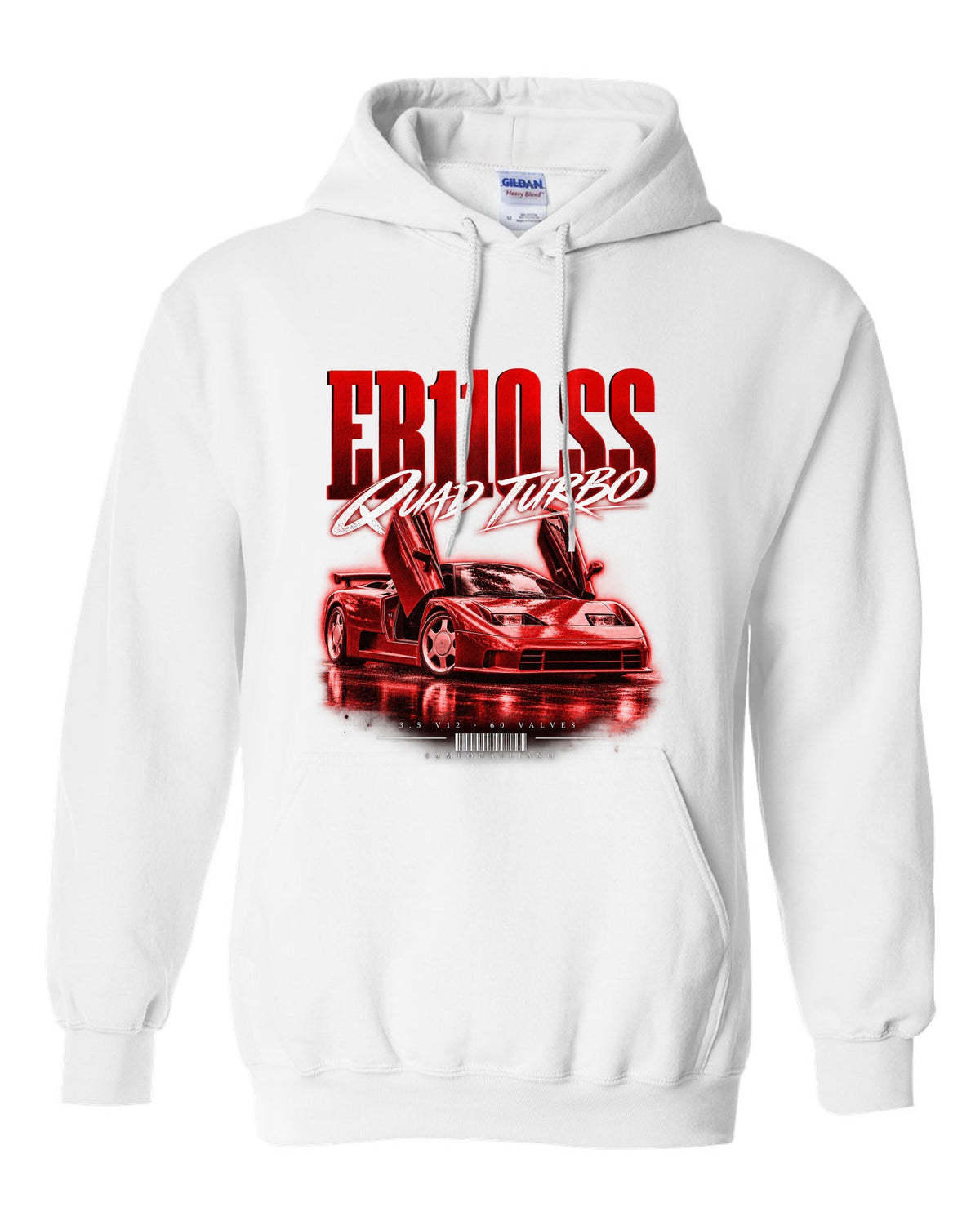 Bugatti EB110 SS 1992 street poster with quad turbo V12 text white pull over hoodie front view with the design