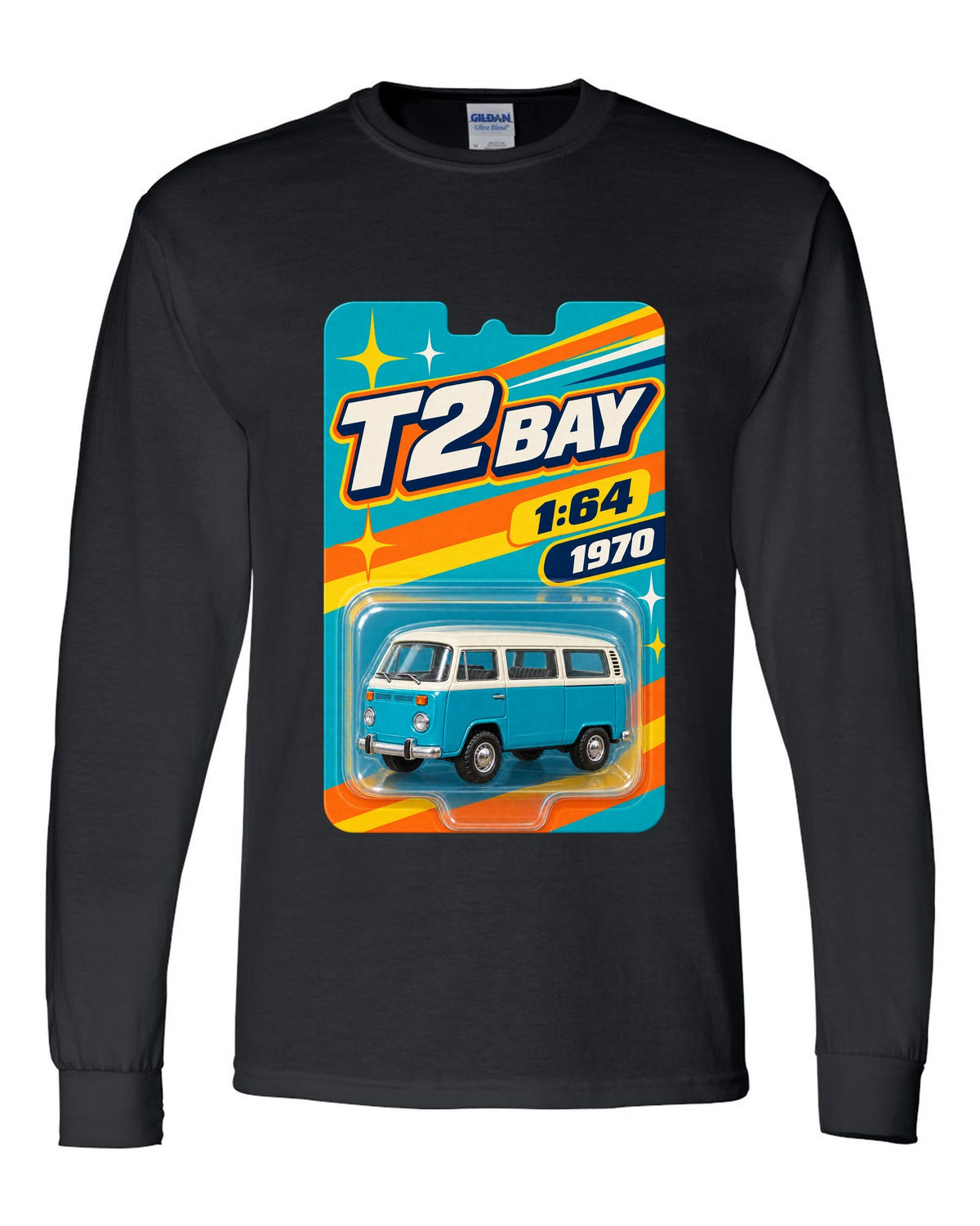 Toy-card blister pack style print of a 1970 VW Bus T2 bay window at 1:64 black long sleeve front view with the design