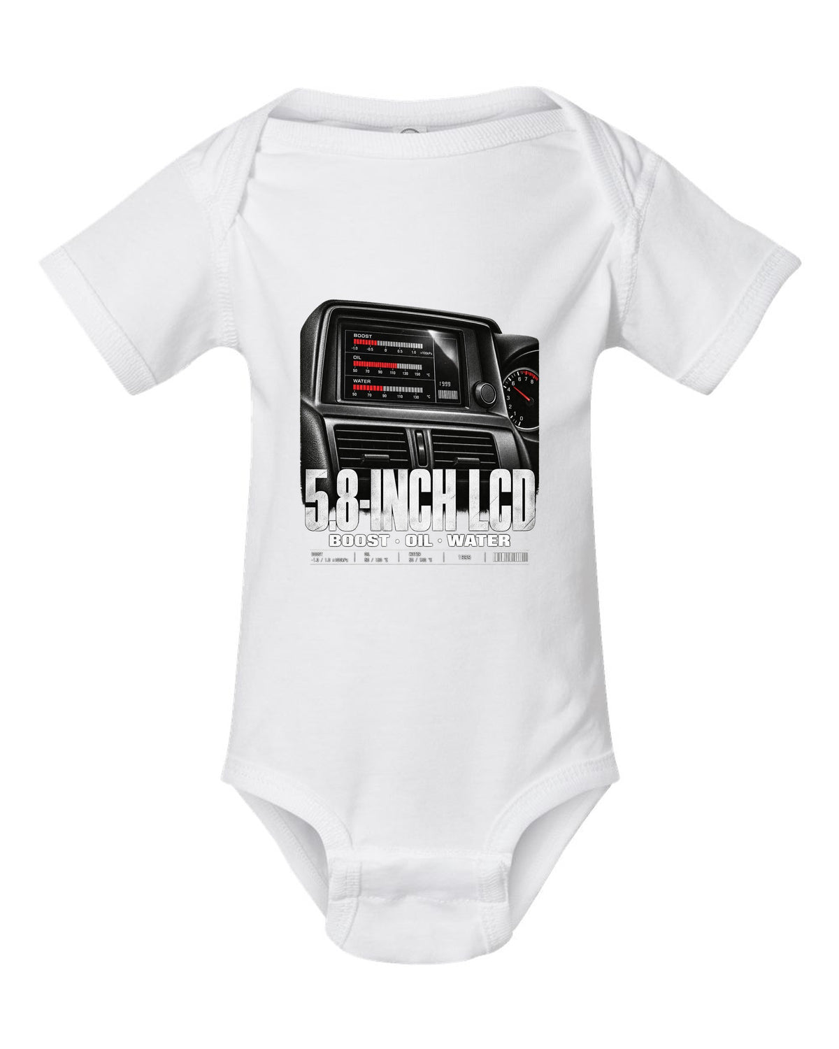 Multifunction display screen of a Nissan Skyline GT-R R34 showing boost, oil and water readings white baby onesie front view with the design