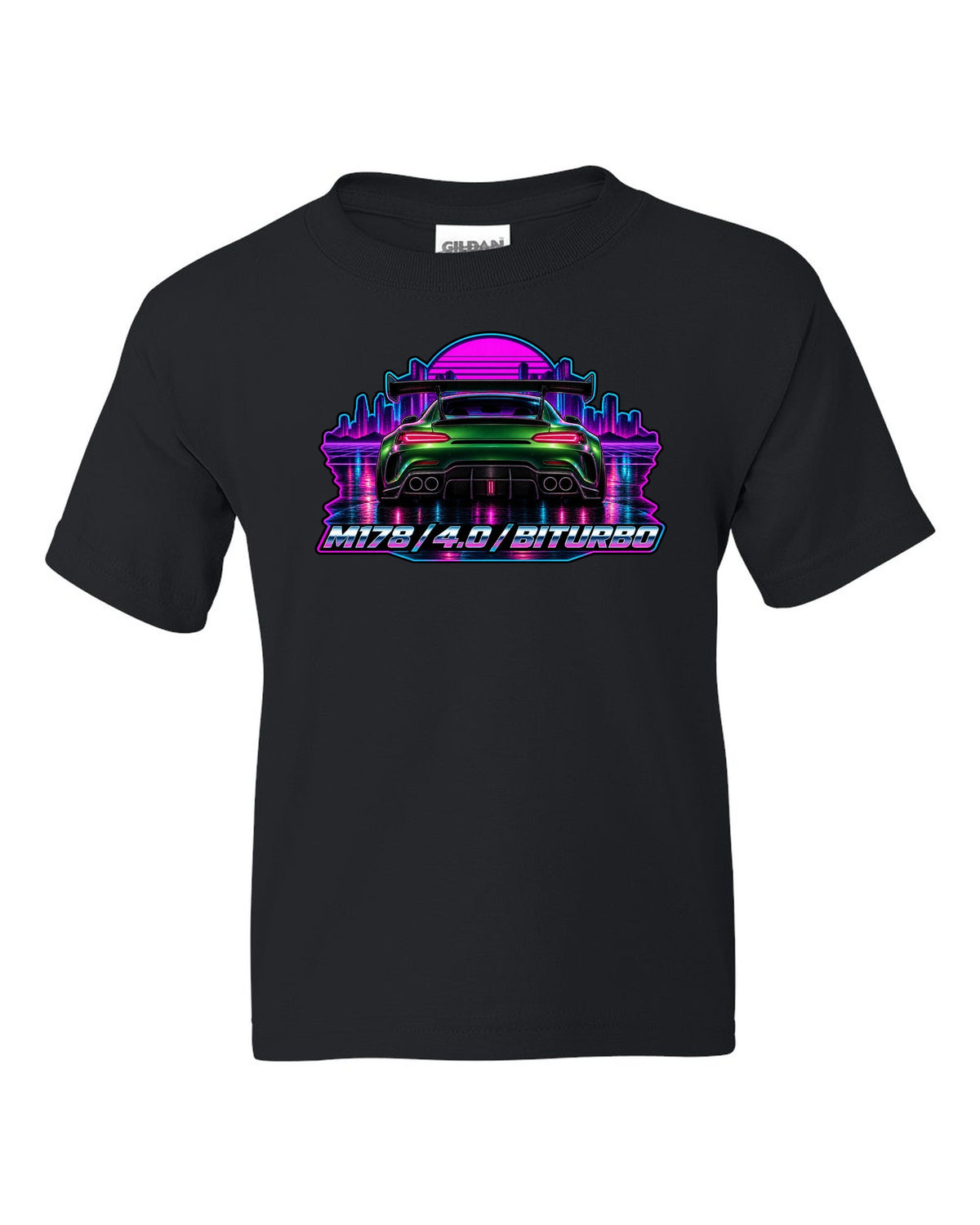 Cyanotype blueprint style engine bay illustration of a Mercedes AMG GT C190 with M178 557 PS text black kids tee front view with the design