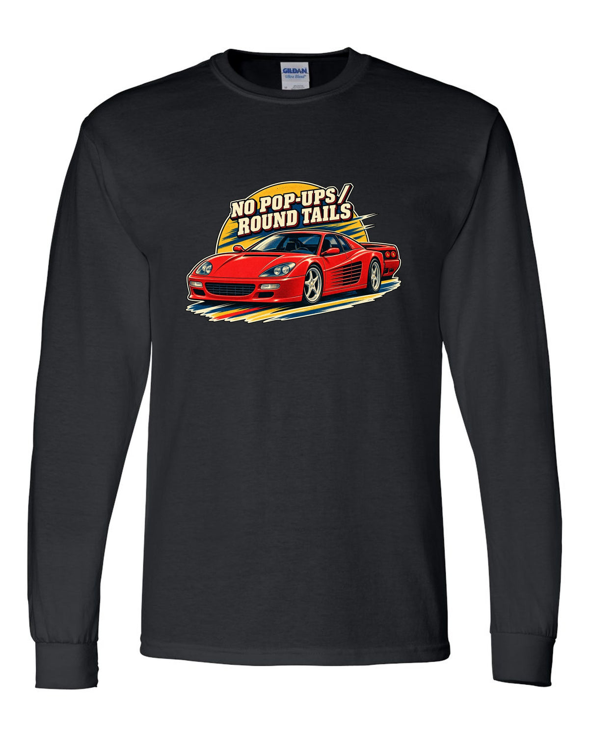 Retro race programme illustration print of the Ferrari F512 M with the text no pop-ups, round tails black long sleeve front view with the design