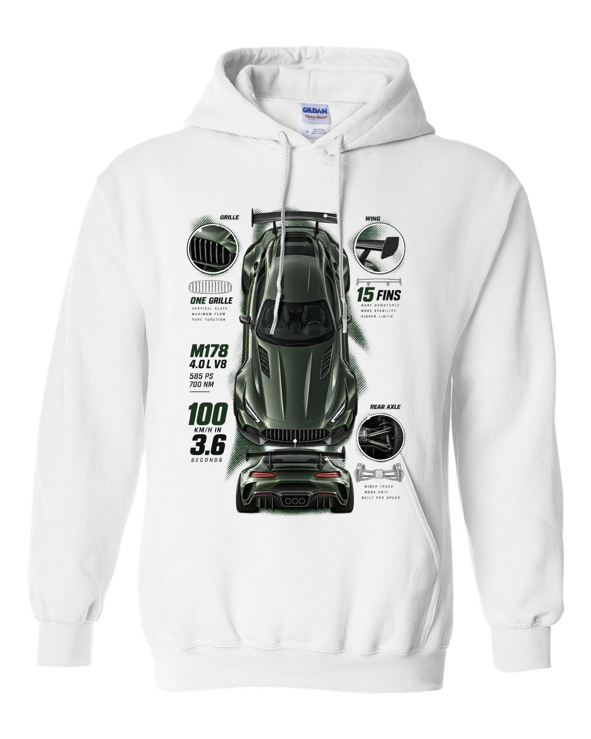 Spec poster print of a Mercedes-AMG GT R C190 with 100 km/h in 3.6 and 15 fins lettering white pull over hoodie front view with the design