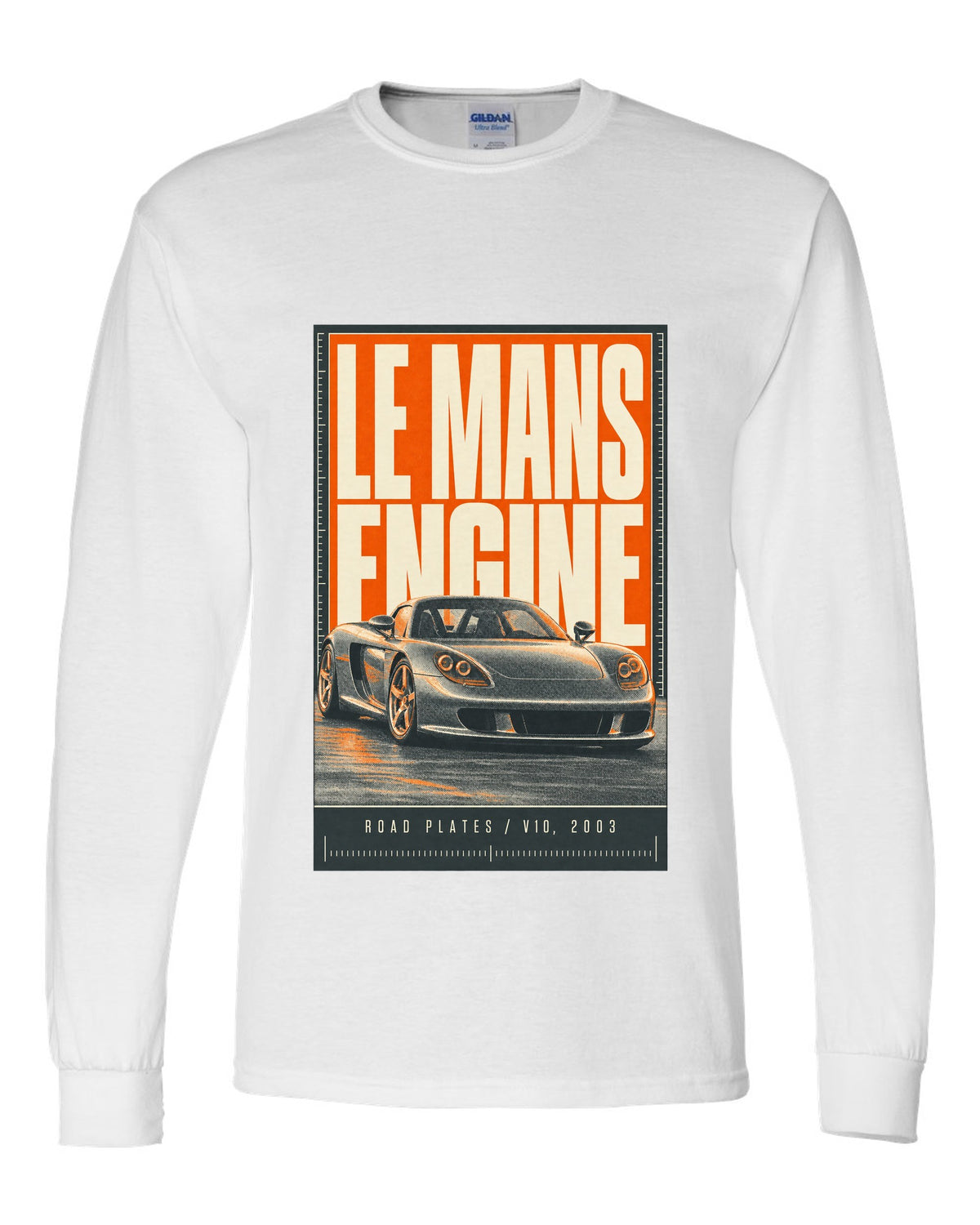 Porsche Carrera GT halftone statement print design white long sleeve front view with the design