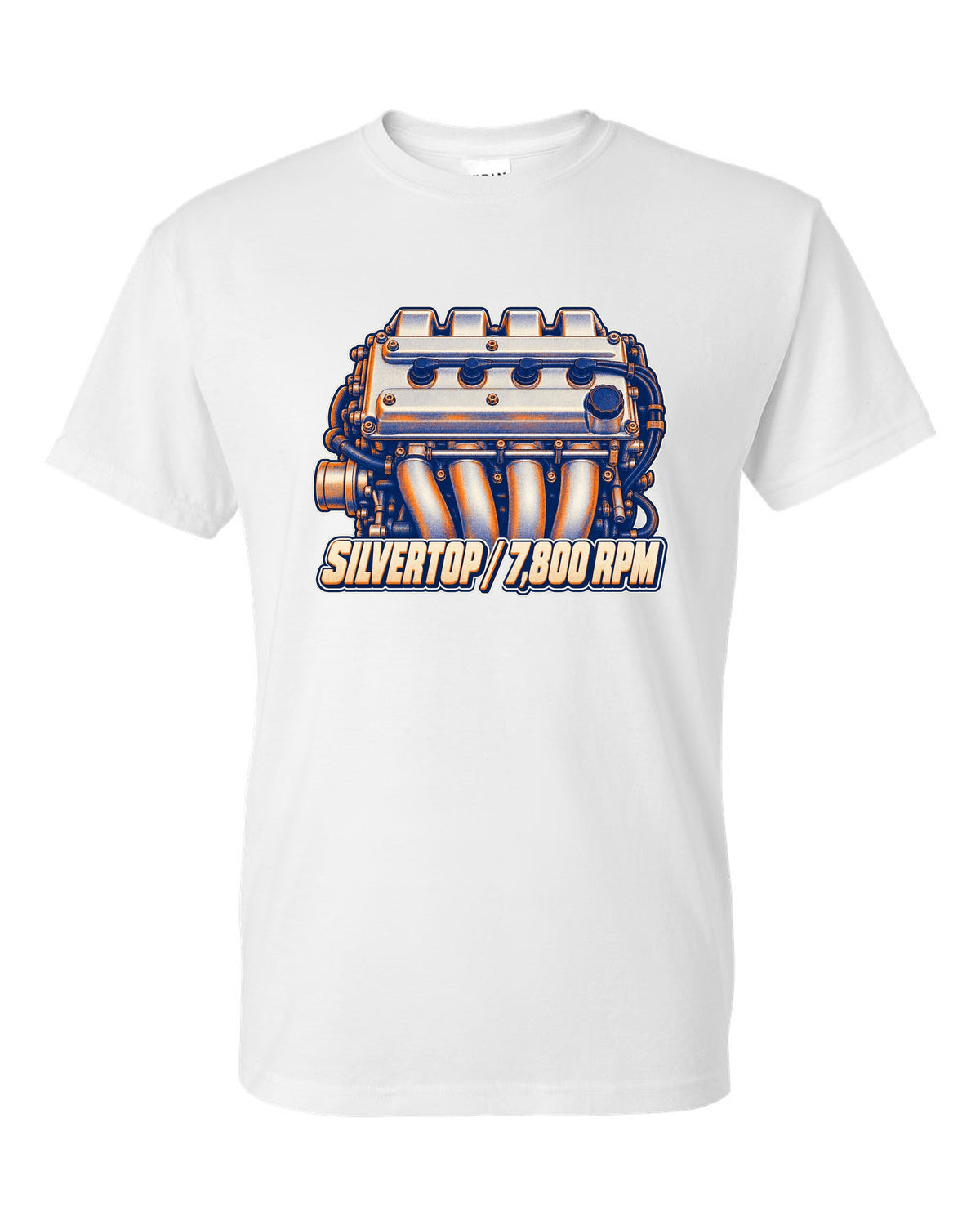 Two-colour risograph macro of the silvertop engine in the Toyota Corolla AE101 white t-shirt front view with the design