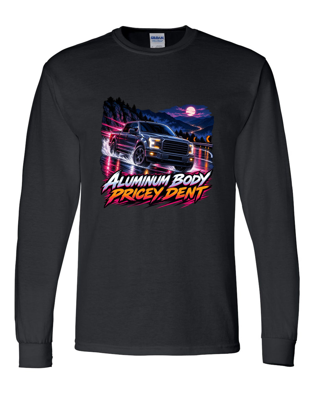 Cel-shaded anime night mountain pass print of a 2015-20 Ford F-150 P552 truck black long sleeve front view with the design