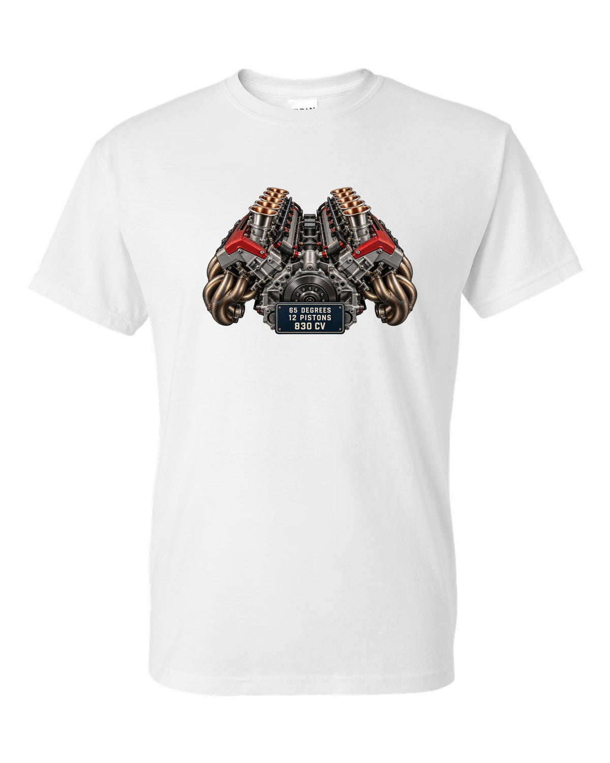 Engine bay print of the Ferrari 12Cilindri F140HD V12 white t-shirt front view with the design