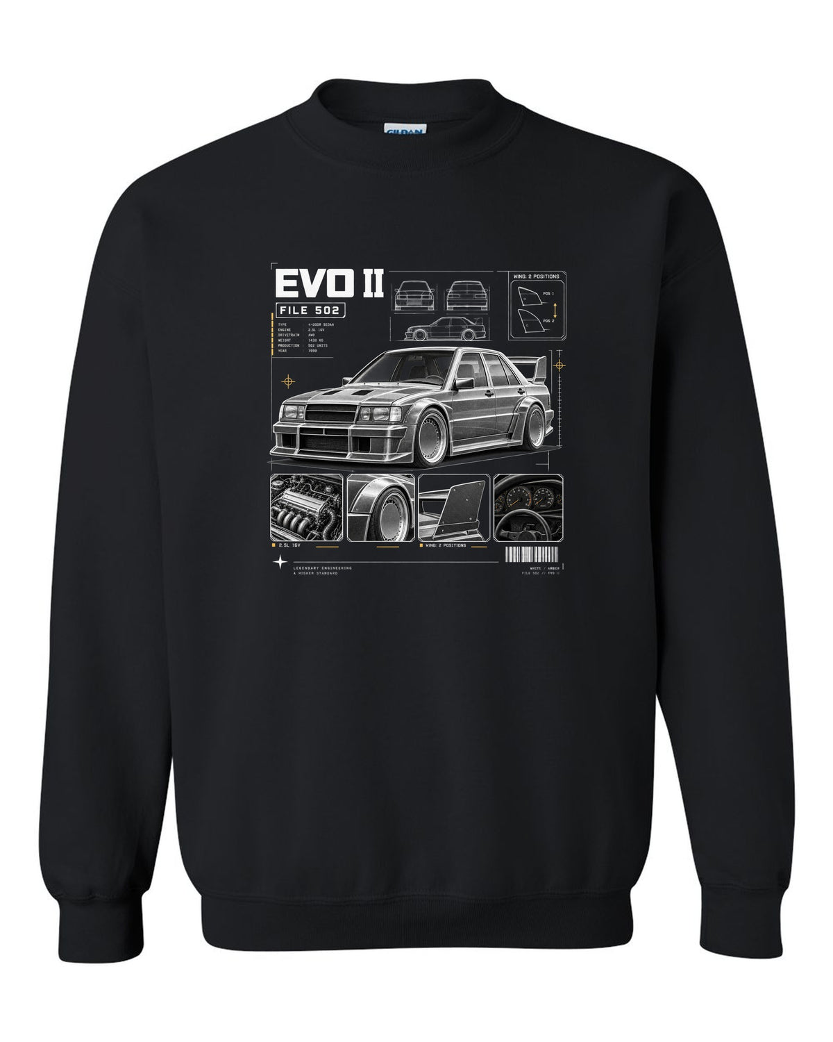 print dossier panels of a Mercedes 190E Evolution II W201 listing file 502, 2.5L 16V and wing positions black crewneck front view with the design