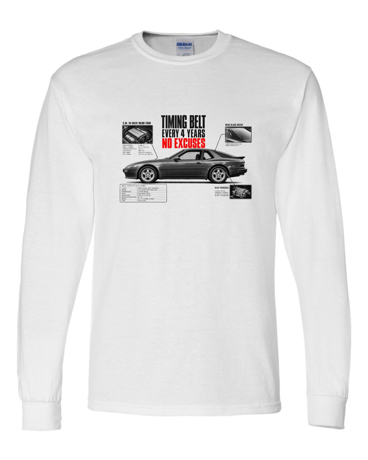 Spec poster print for a Porsche 944 S2 with a timing belt every 4 years caption white long sleeve front view with the design