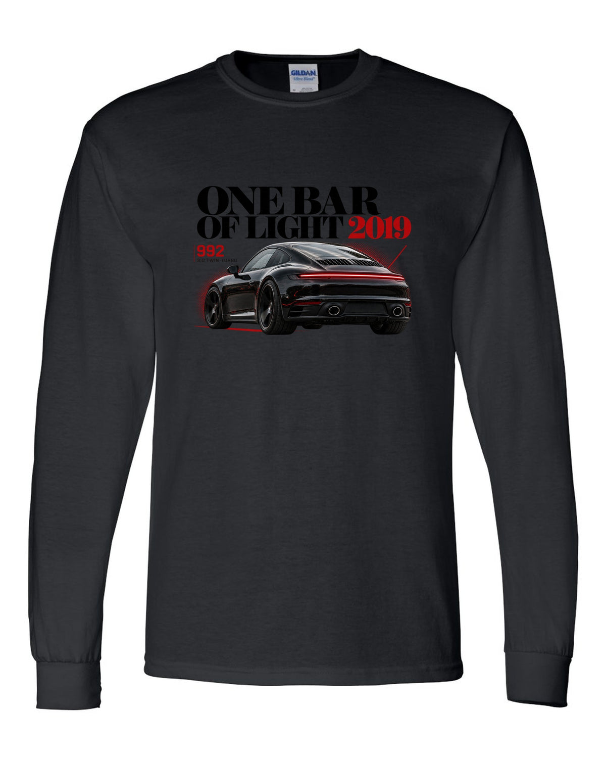 Editorial headline print of a Porsche 911 Carrera S 992 with One Bar Of Light caption black long sleeve front view with the design