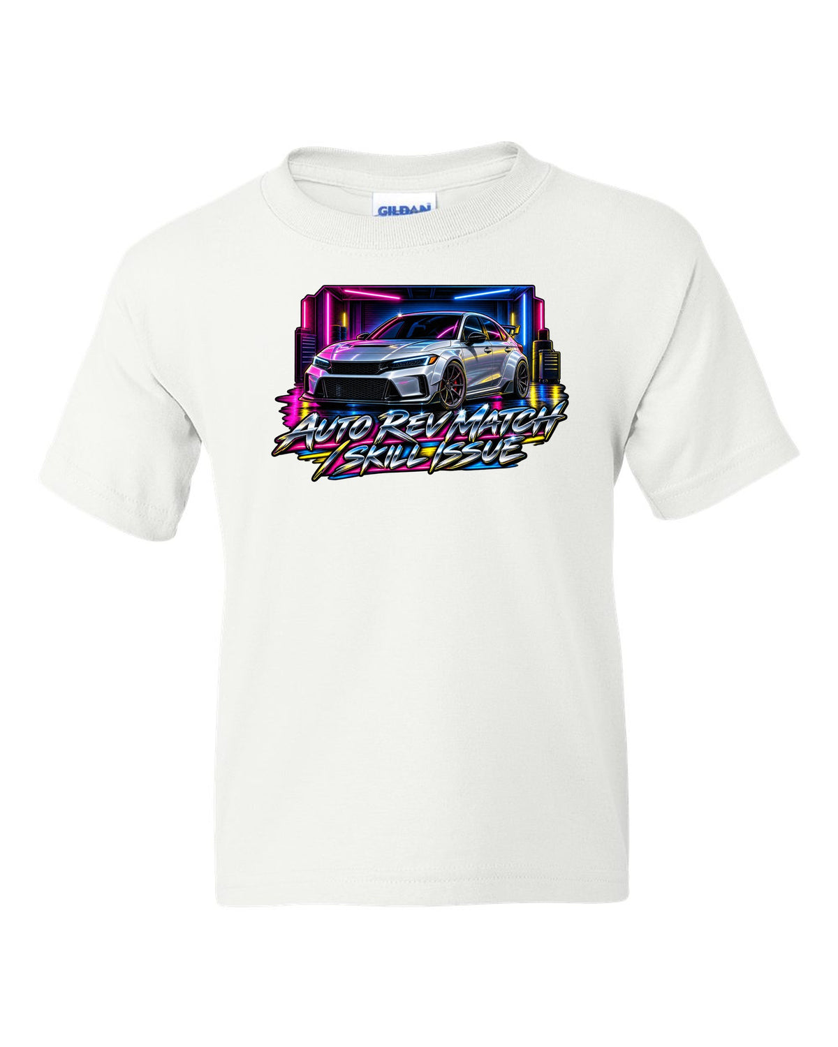 80s airbrush poster style print of a 2023 Honda Civic FL5 ch with auto rev match text white kids tee front view with the design