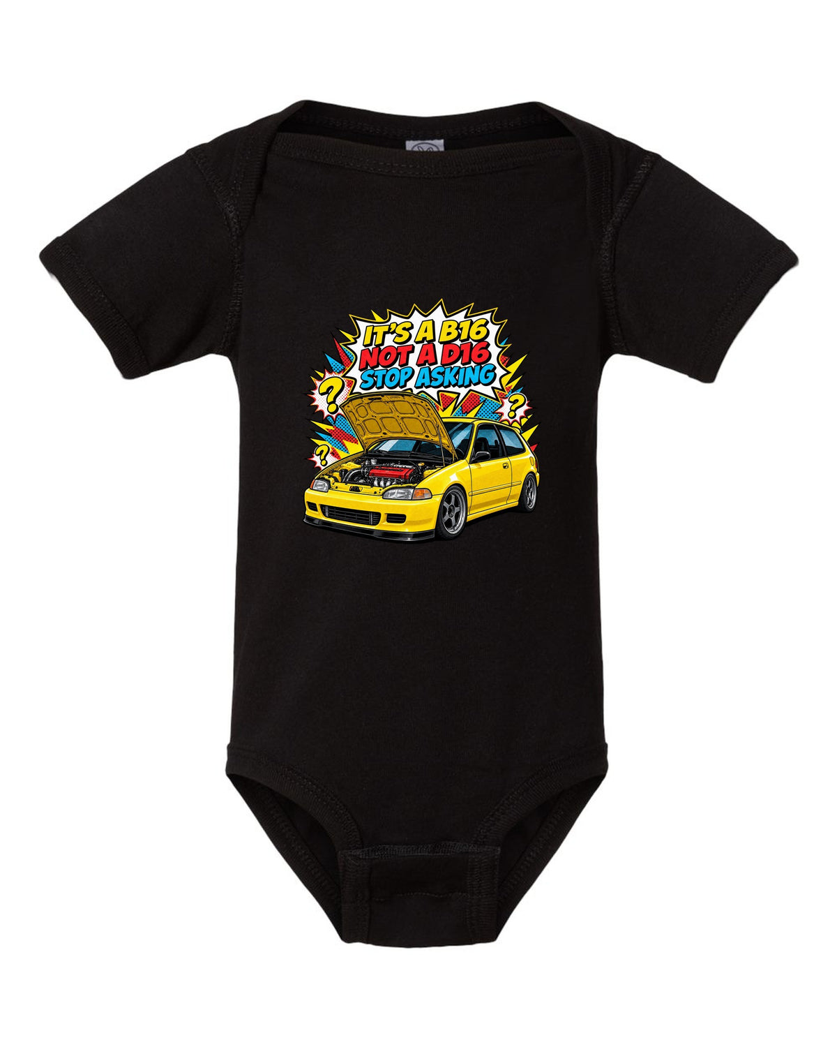 Comic action burst print of a 1992 Honda Civic EG6 ch with it's a B16 not a D16 text black baby onesie front view with the design