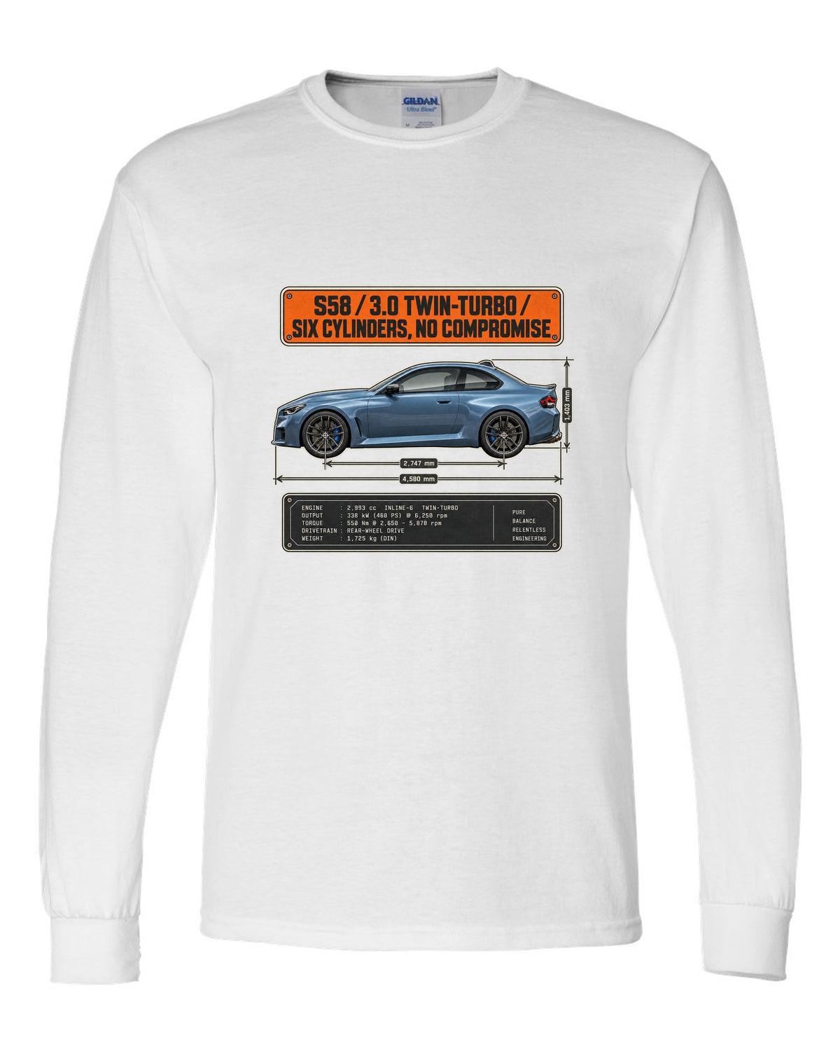 BMW M2 G87 dimension blueprint print with S58 3.0 twin-turbo text white long sleeve front view with the design