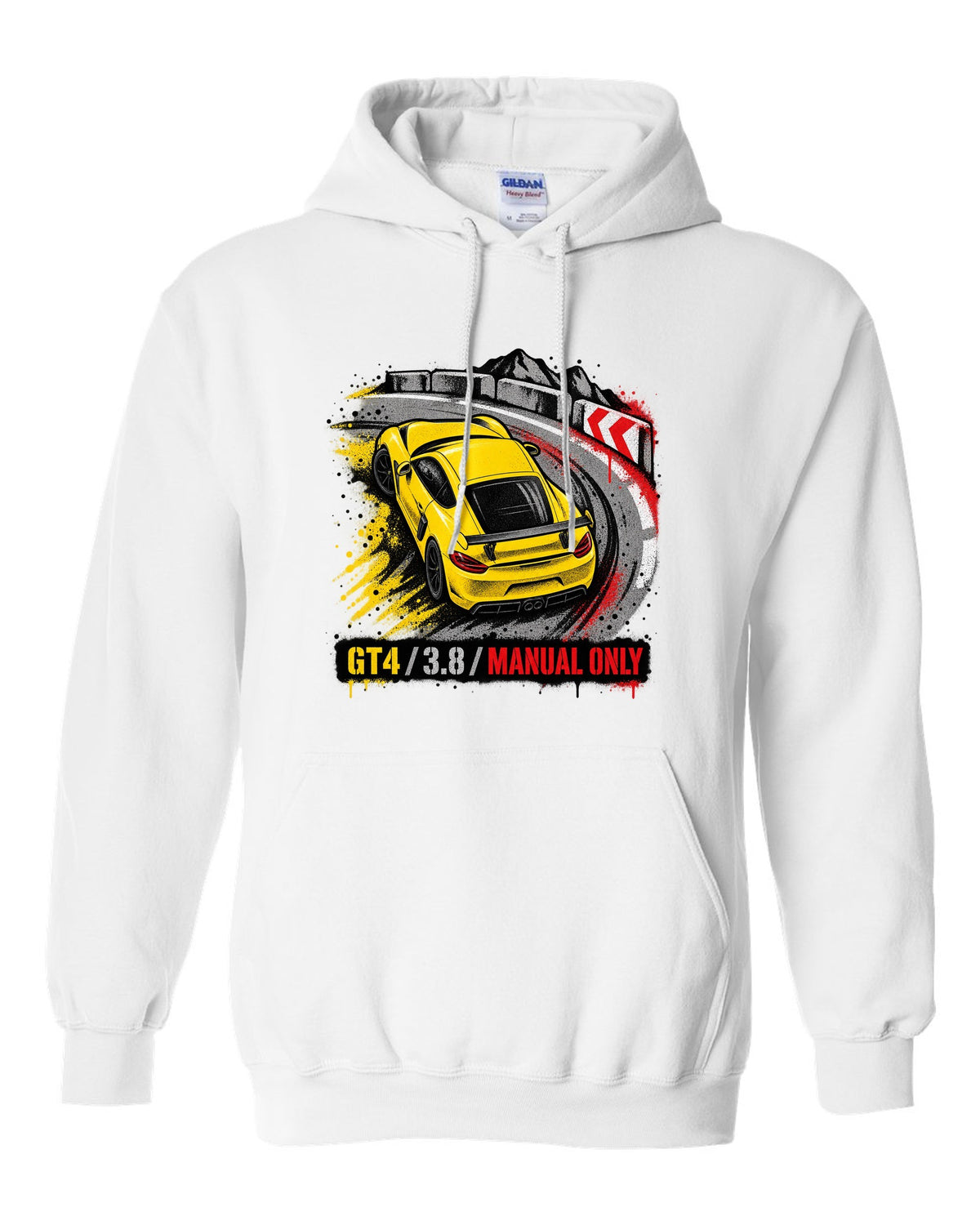 Engraved tachometer illustration for the Porsche 911 GT3 RS 991.2 white pull over hoodie front view with the design