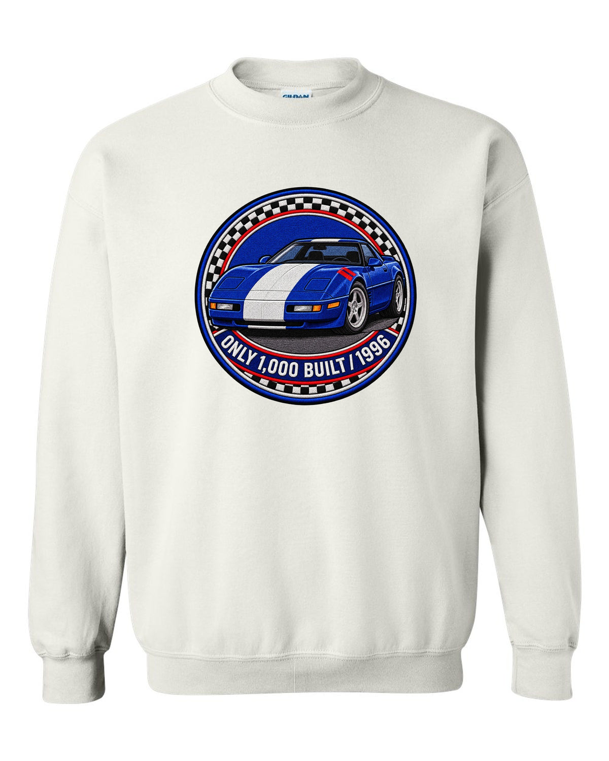 Embroidery style varsity crest print of a 1996 Chevrolet Corvette C4 Grand Sport with Only 1,000 Built text white crewneck front view with the design