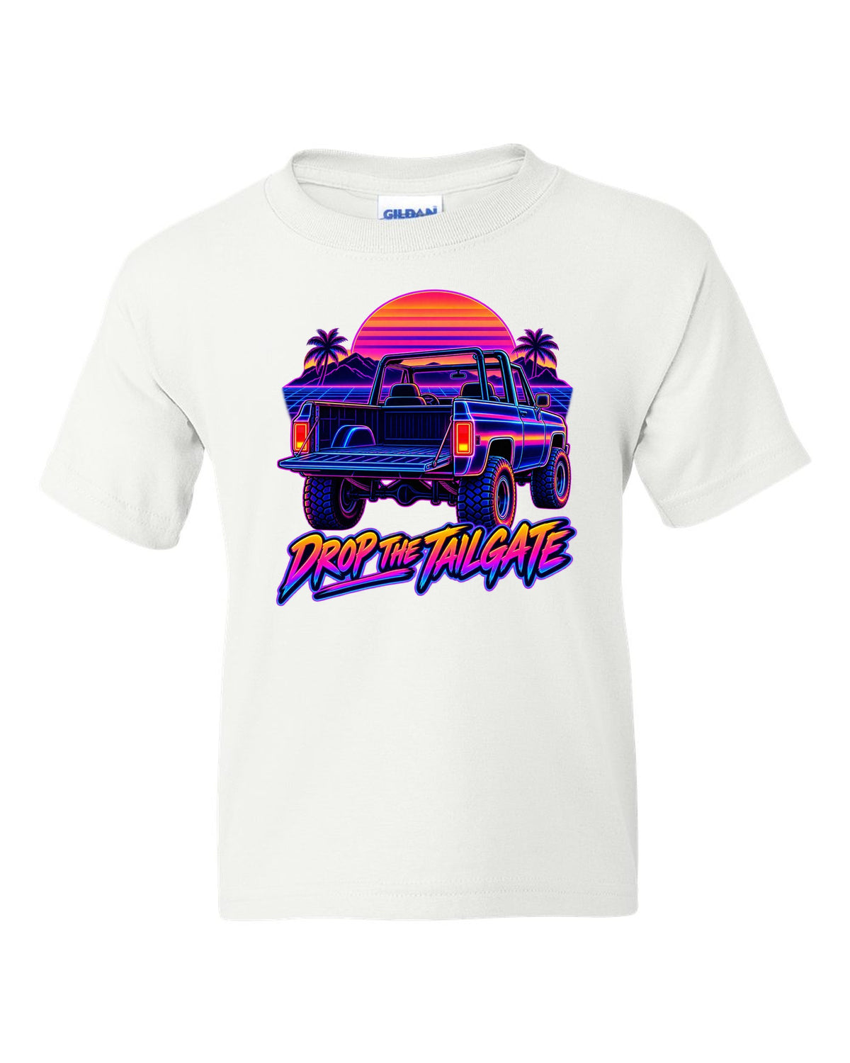 Neon synthwave line art of a 1973-1991 Chevrolet K5 Blazer tailgate with DROP THE TAILGATE text white kids tee front view with the design