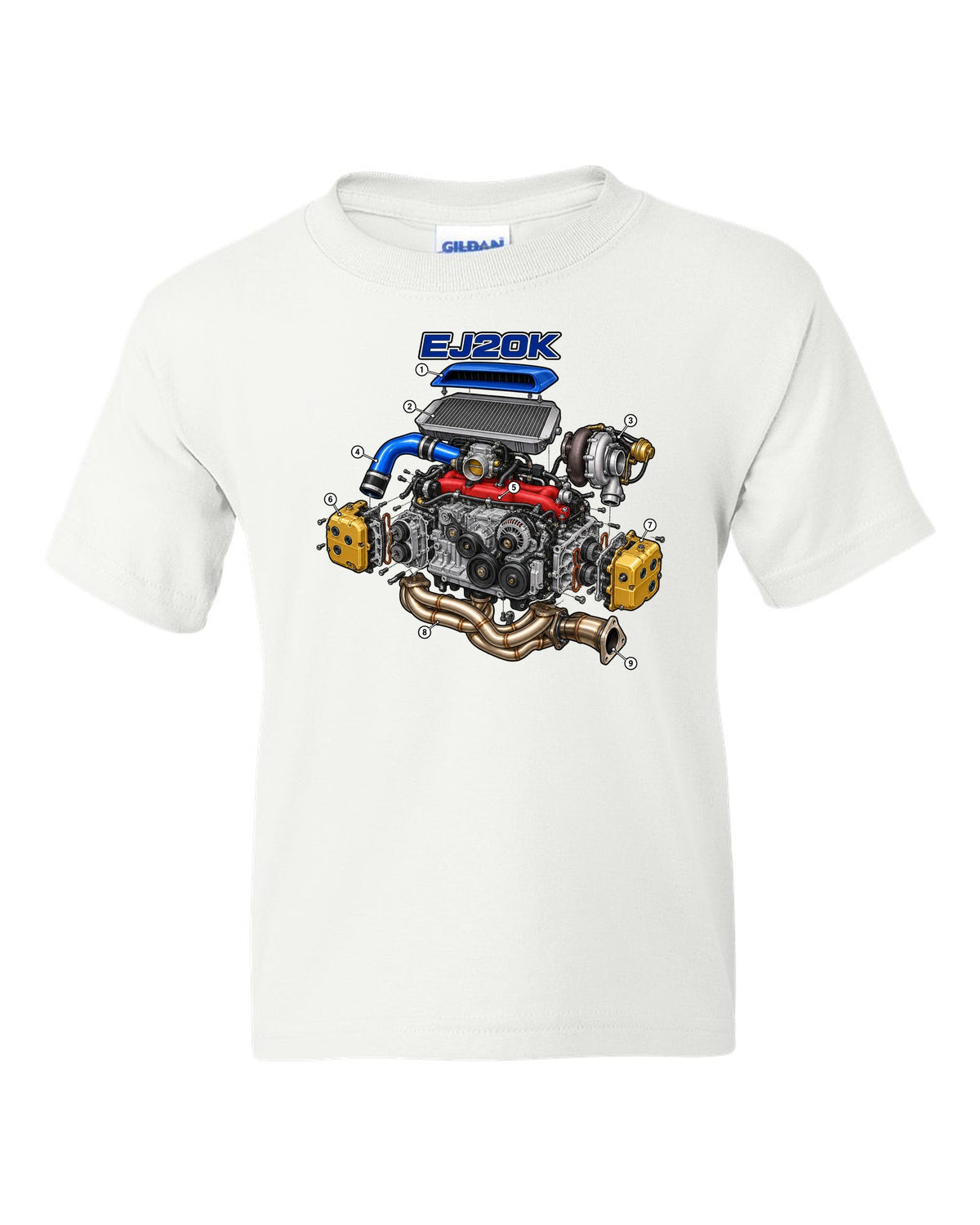 Subaru Impreza WRX GC8 EJ20K boxer engine in an exploded cutaway diagram white kids tee front view with the design