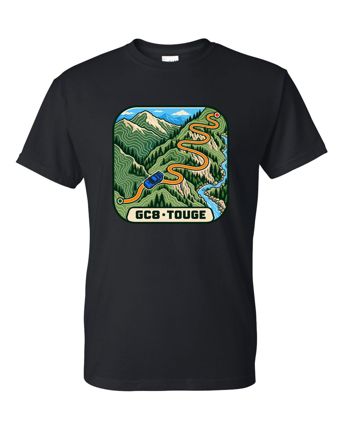 Subaru Impreza WRX GC8 touge route drawn as a topographic contour map, GC8 / TOUGE black t-shirt front view with the design