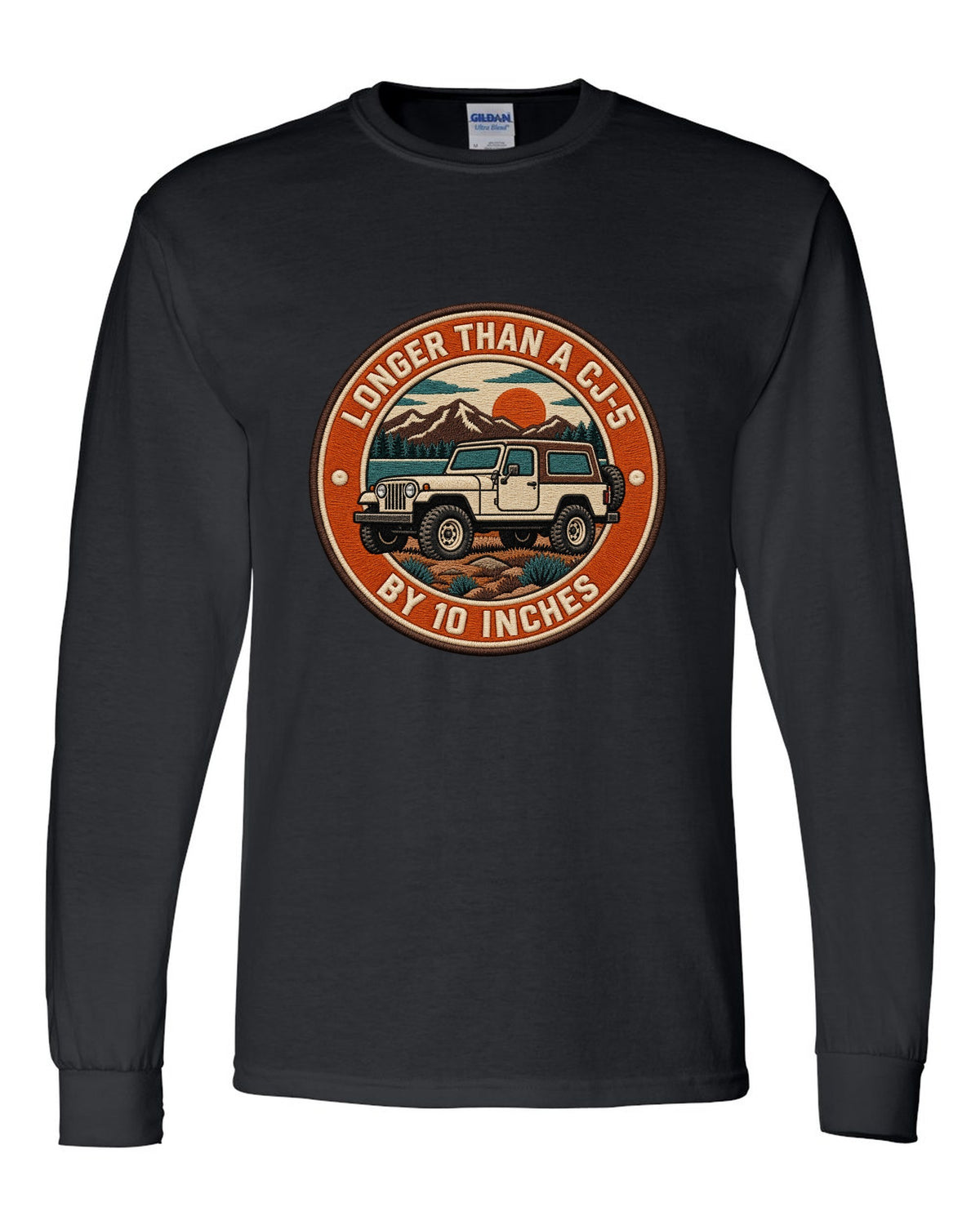 Embroidery-style varsity crest print of a Jeep CJ-7 with wheelbase text black long sleeve front view with the design