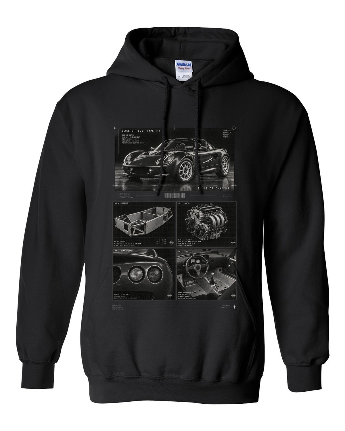 Dossier panel print of a 1996 Lotus Elise S1 Type 111 with 68 kg of chassis text black pull over hoodie front view with the design