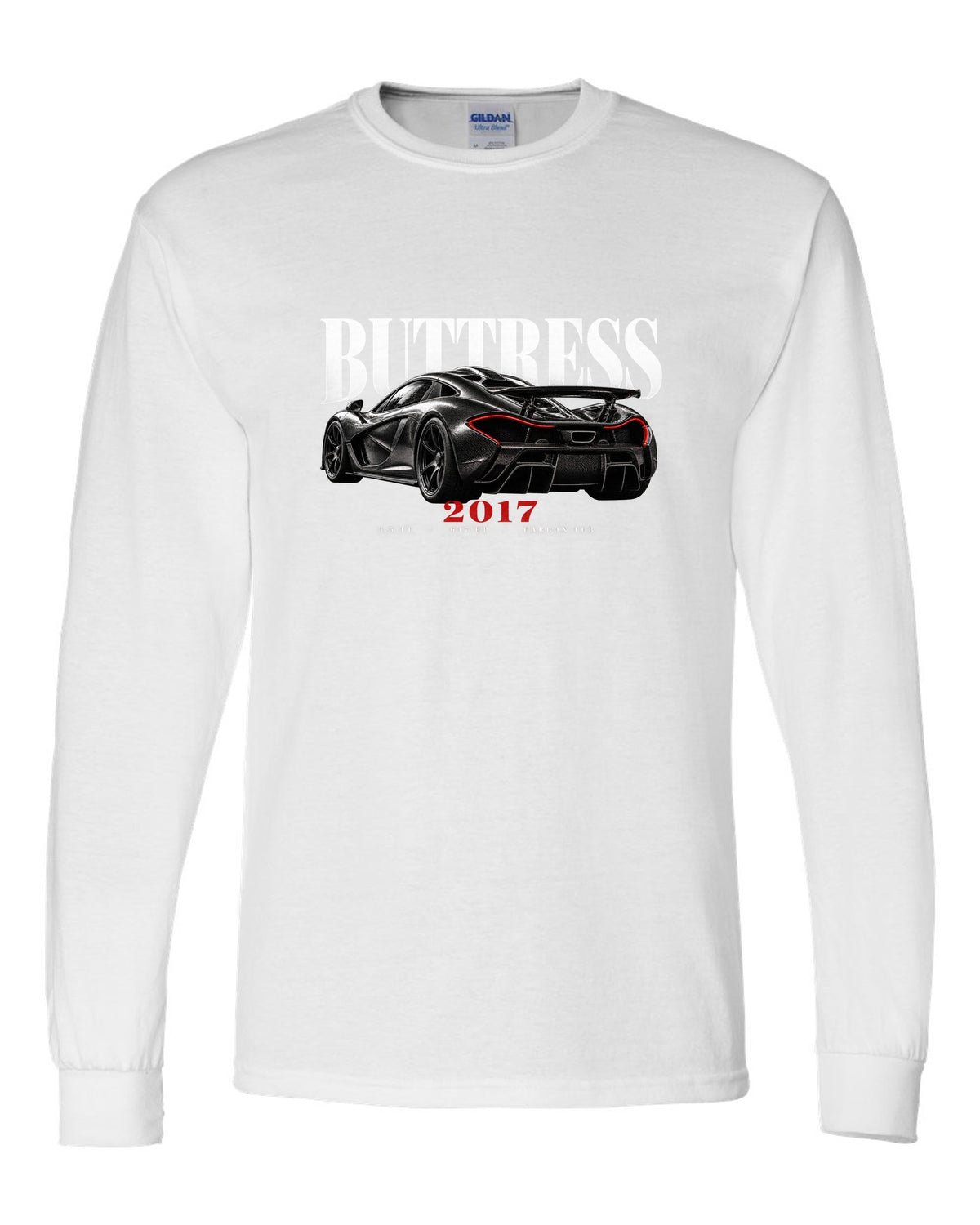 Ford GT 2017-22 buttress editorial print with 3.5 TT, 647 HP and carbon tub text white long sleeve front view with the design
