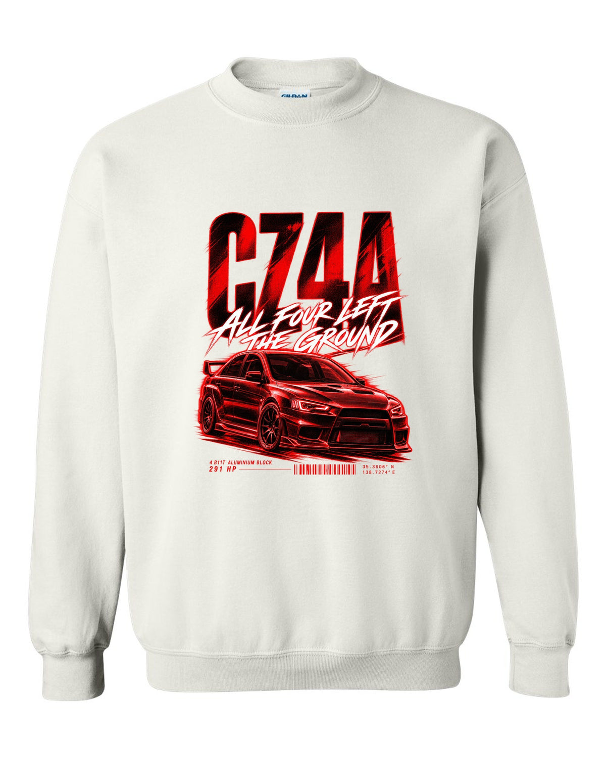 Mitsubishi Lancer Evolution X CZ4A street poster print with 4B11T and 291 HP text white crewneck front view with the design